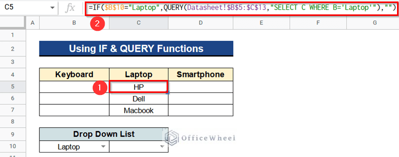 Merging IF and QUERY Functions to Update Cell Values Based on Selection in Drop Down List in Google Spreadsheet